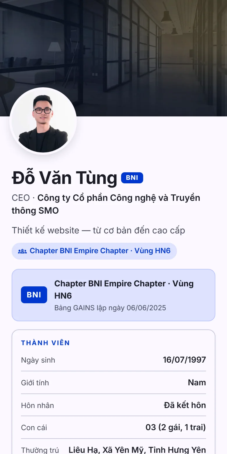 Thẻ BNI của Đỗ Văn Tùng: bảng thông tin thành viên, chapter và ngày lập bảng GAINS.